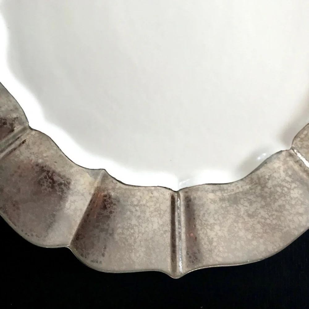 Anthropologie Large Ceramic Serving Plate Platter White Silver Serveware
